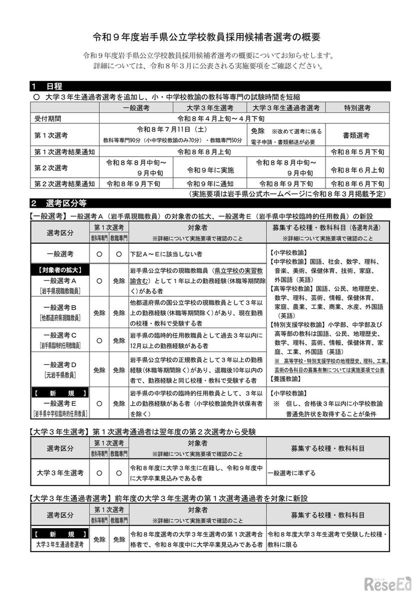 2027（令和9）年度岩手県公立学校教員採用候補者選考の概要