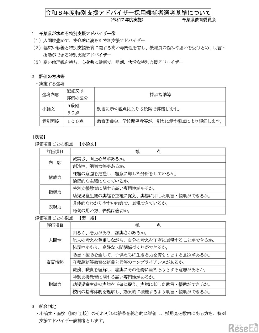 特別支援アドバイザー採用候補者選考基準について