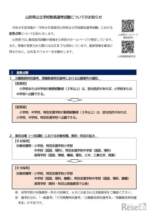令和9年度採用 山形県公立学校教員選考試験における変更点
