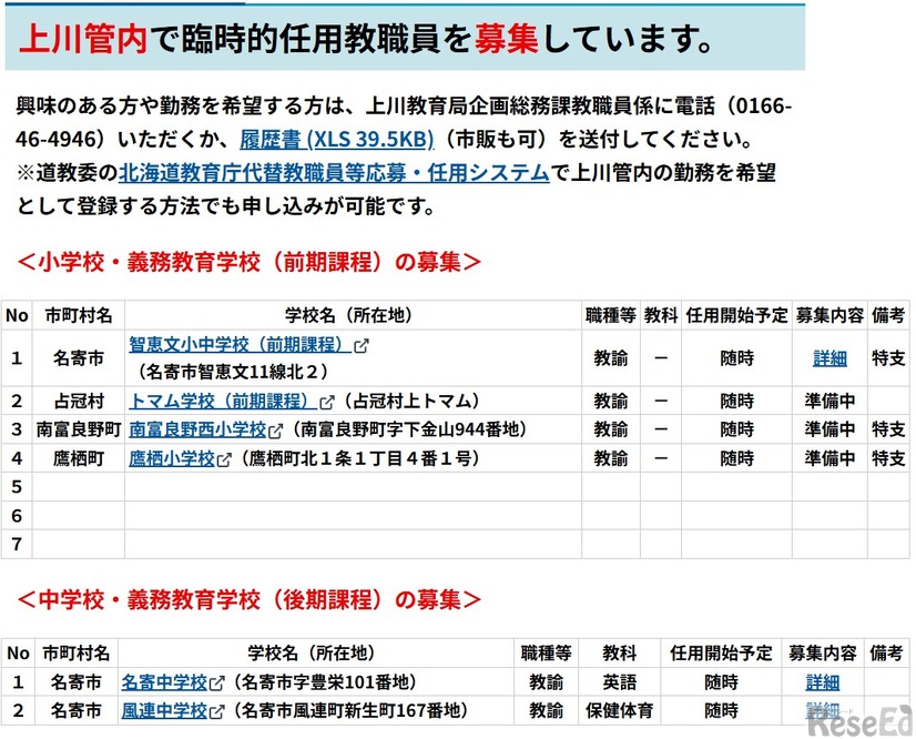 上川管内の臨時的任用教職員等の募集について