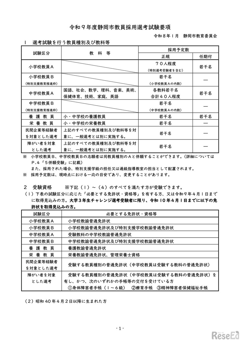 令和9年度静岡市教員採用選考試験要項（一部）