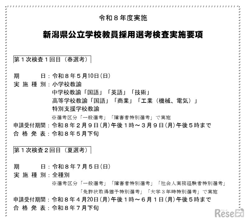 2026年度（令和8年度）実施新潟県公立学校教員採用選考検査の実施要項