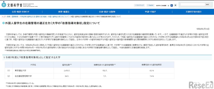 外国人留学生の在籍管理の適正を欠く大学の「改善指導対象校」指定について
