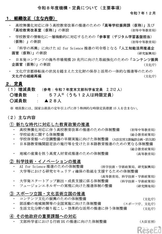 令和8年度機構・定員について（主要事項）