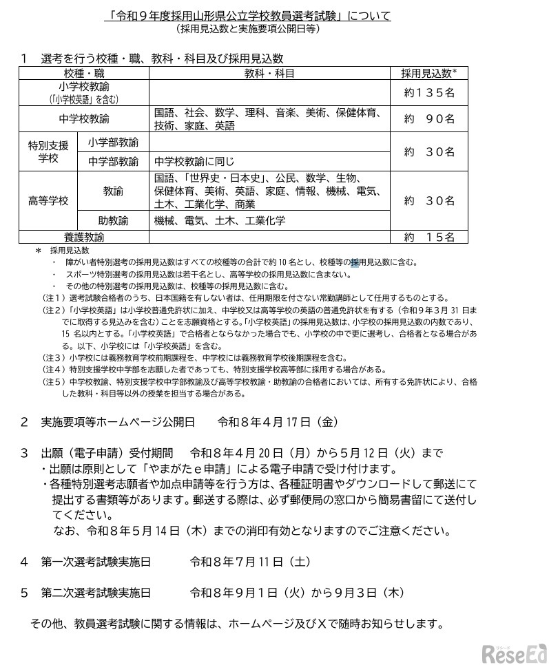 令和9年度採用山形県公立学校教員選考試験について