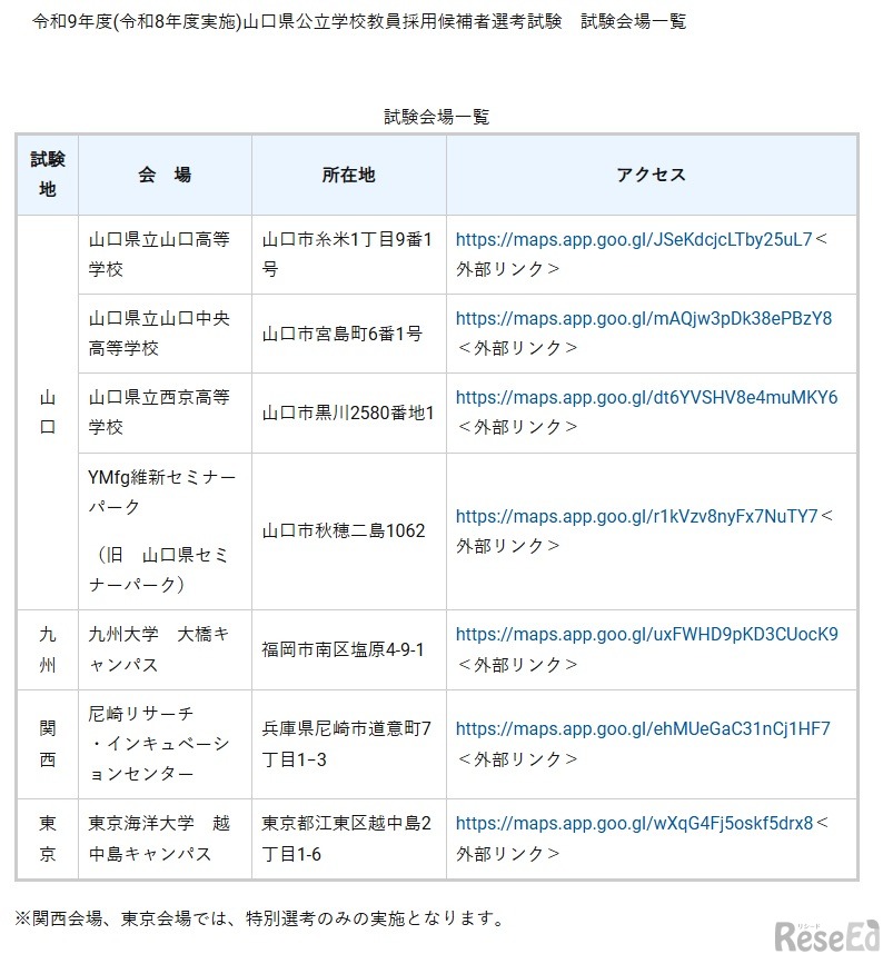 令和9年度（令和8年度実施）山口県公立学校教員採用候補者選考試験　試験会場一覧