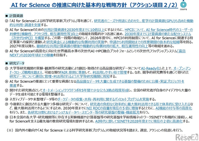 AI for Scienceの推進に向けた基本的な戦略方針（アクション項目）