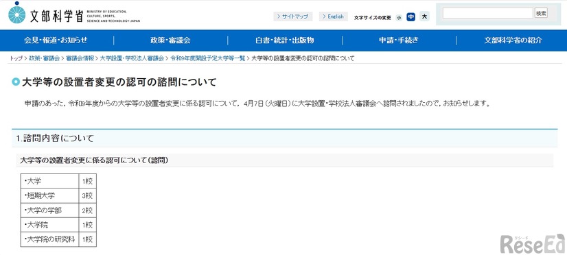 大学などの設置者変更の認可の諮問について