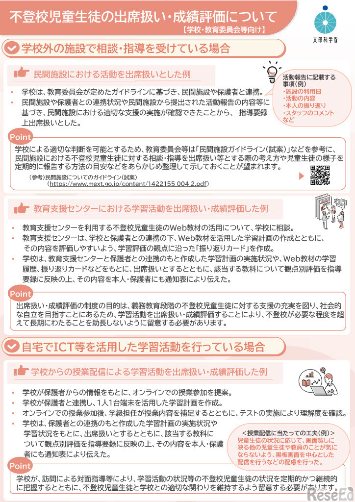 学校・教育委員会等向けリーフレット「不登校児童生徒の出席扱い・成績評価について」