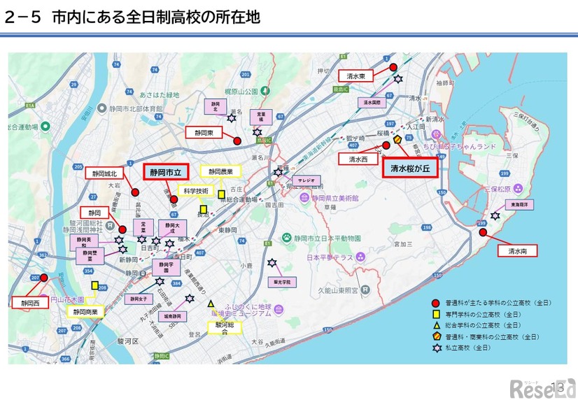 市内にある全日制高校の所在地