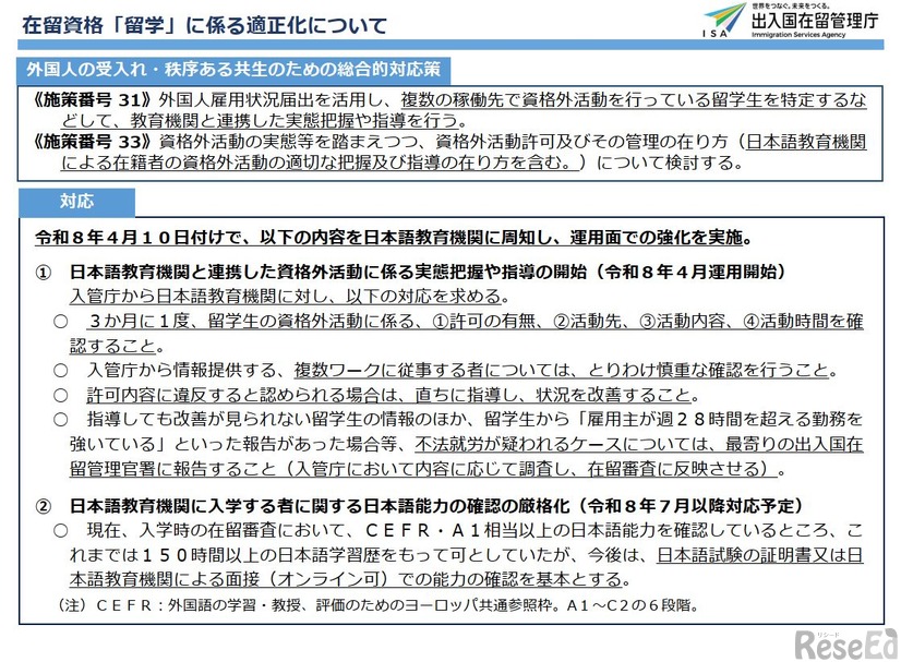 在留資格「留学」に係る適正化について