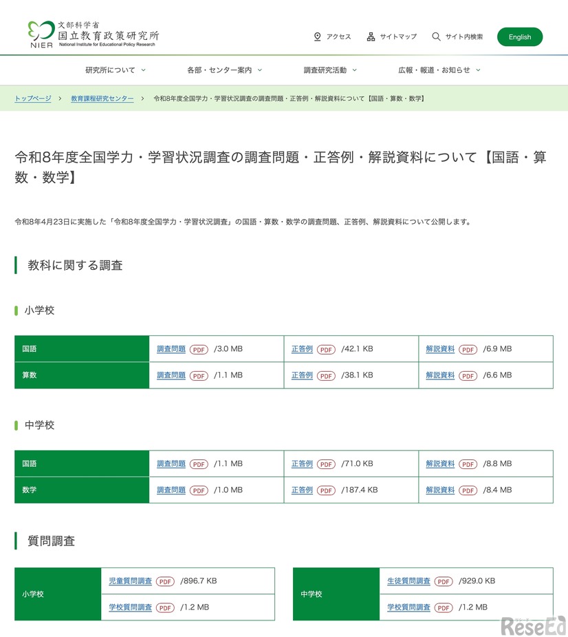 令和8年度全国学力・学習状況調査の調査問題・正答例・解説資料について