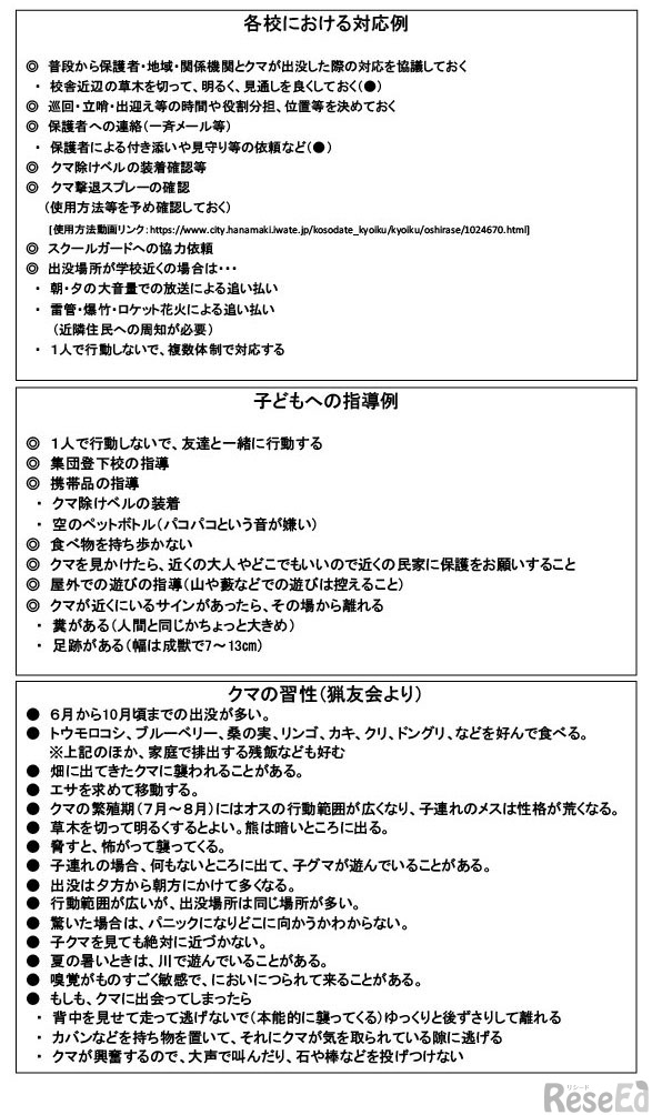 取組事例（岩手県花巻市教育委員会のクマ出没対応マニュアル）