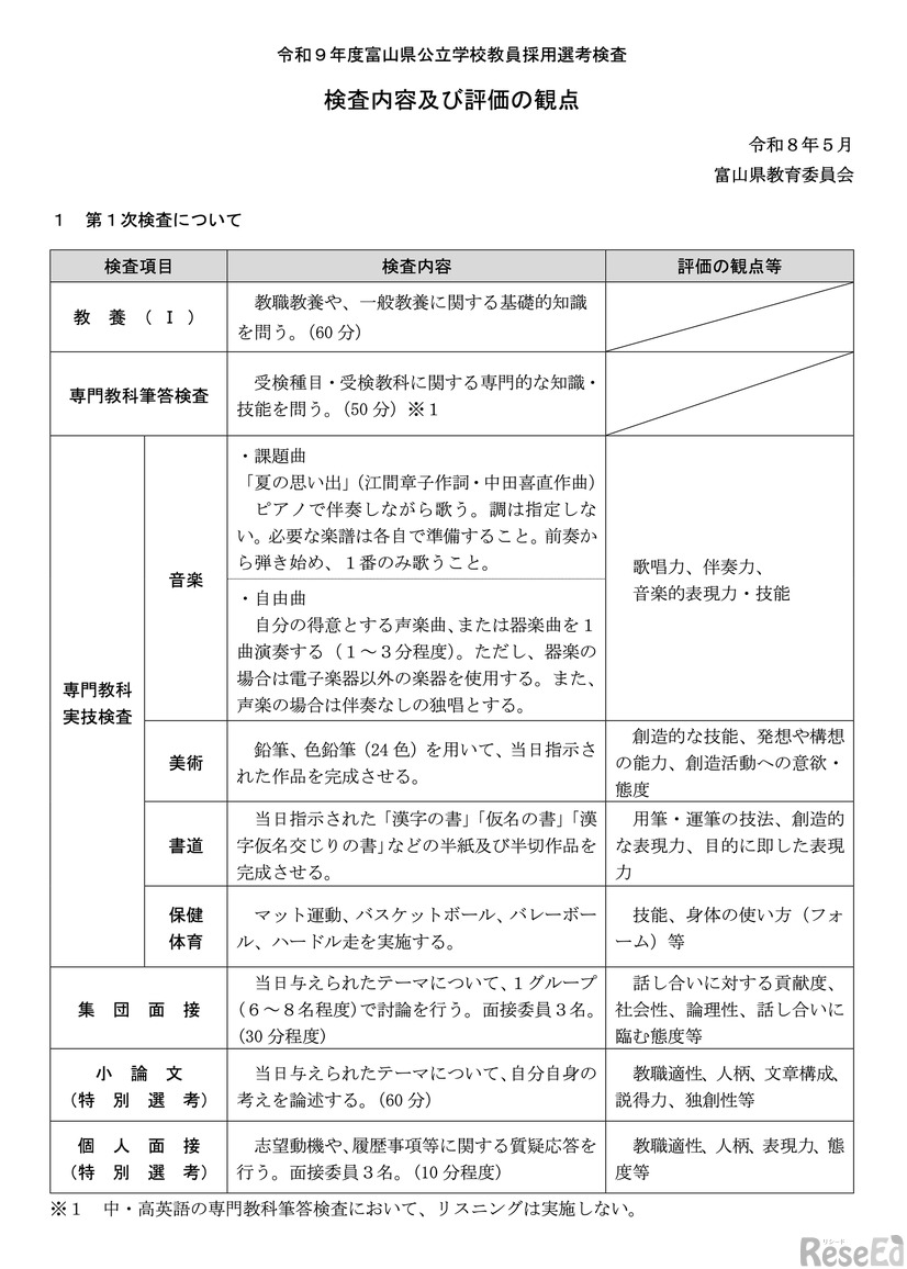令和9年度富山県公立学校教員採用選考検査：検査内容および評価の観点