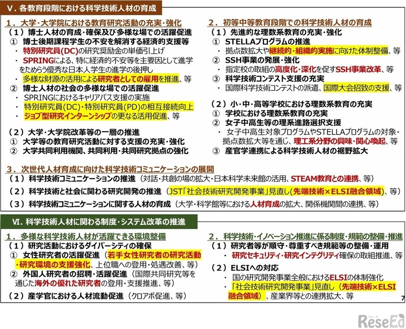 新しい時代の科学技術人材に関する基本政策（3つの柱）