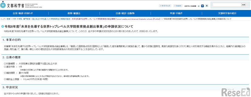 令和8年度「未来を先導する世界トップレベル大学院教育拠点創出事業」の申請状況について
