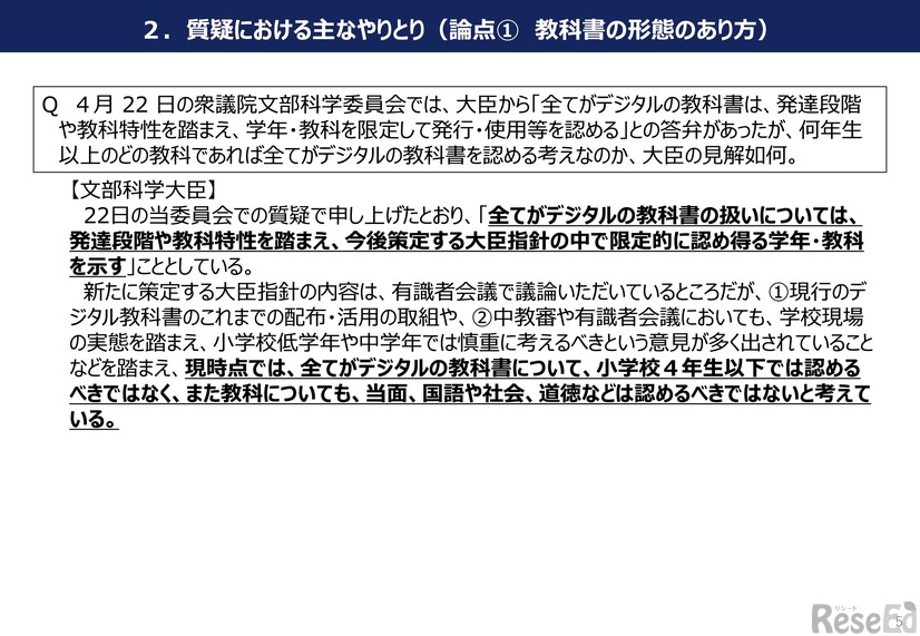 国会での質疑におけるおもなやりとり（論点1 教科書の形態のあり方）