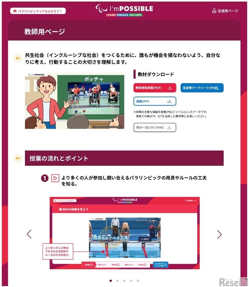 授業の流れやポイントをイメージしやすいように設計された教師用ページ（中学生・高校生版より）