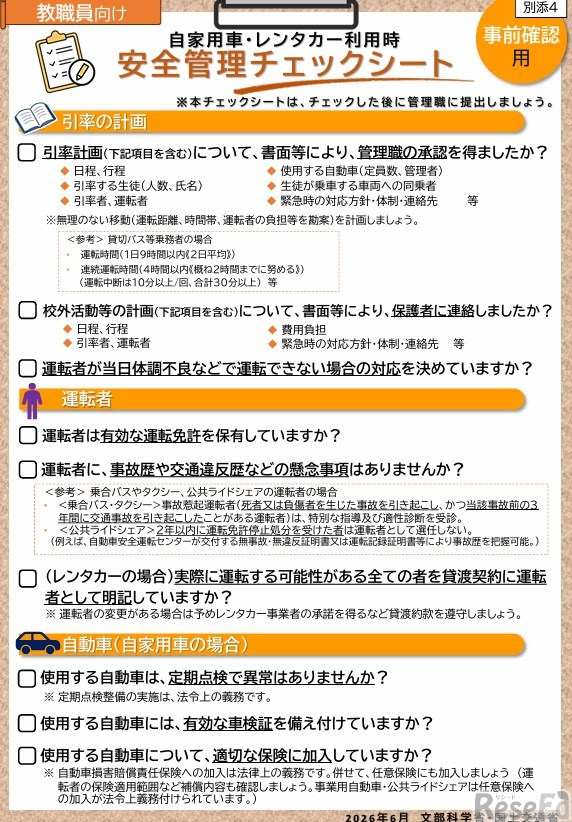 自家用車・レンタカー利用時「安全管理チェックシート」事前確認用