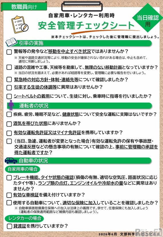 自家用車・レンタカー利用時「安全管理チェックシート」当日確認用
