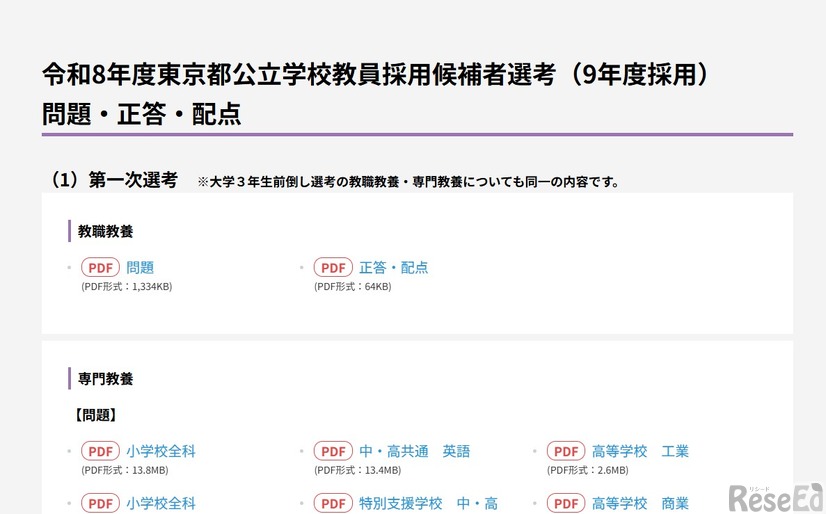令和8年度東京都公立学校教員採用候補者選考（9年度採用）問題・正答・配点