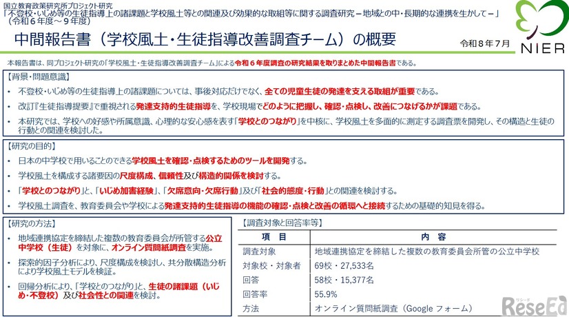中間報告書（学校風土・生徒指導改善調査チーム）の概要