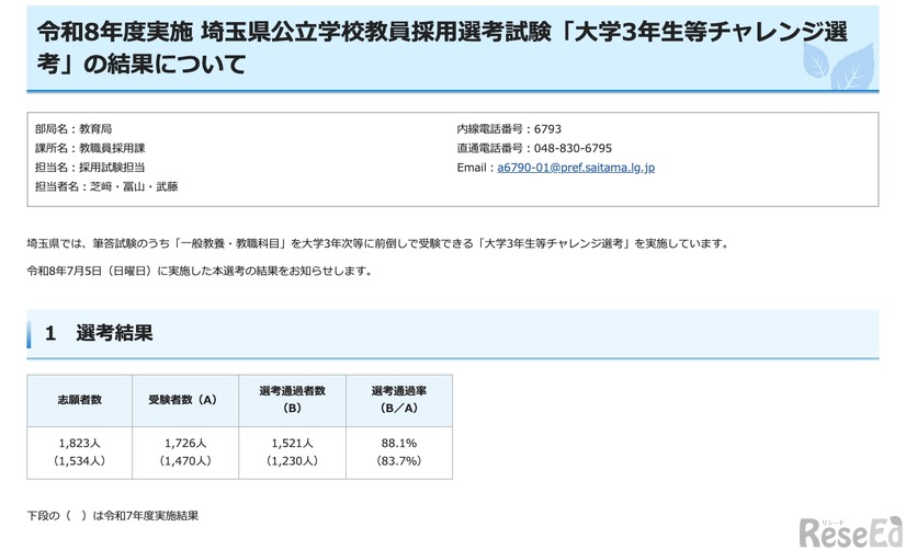 令和8年度実施 埼玉県公立学校教員採用選考試験「大学3年生等チャレンジ選考」の結果について