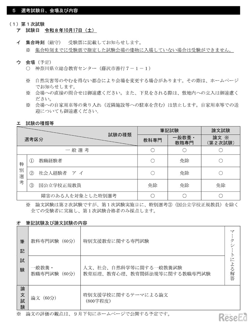 選考試験日、会場および内容