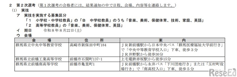 2027年度採用群馬県公立学校教員採用選考 第2次試験