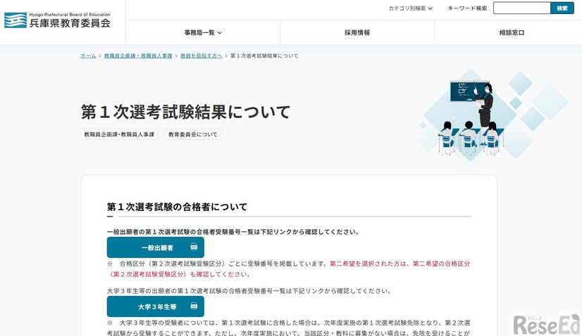 2027年度兵庫県公立学校教員採用候補者選考試験、1次選考試験結果