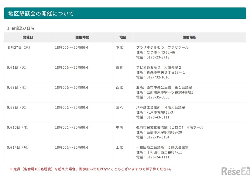 地区懇談会の会場・日時