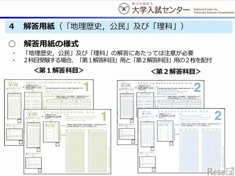 解答用紙（「地理歴史、公民」および「理科」）
