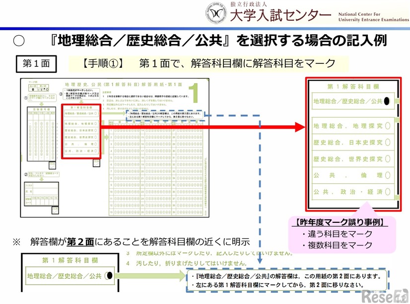 「地理総合／歴史総合／公共」を選択する場合の記入例