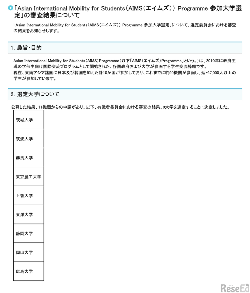 「Asian International Mobility for Students（AIMS（エイムズ））Programme 参加大学選定」の審査結果について