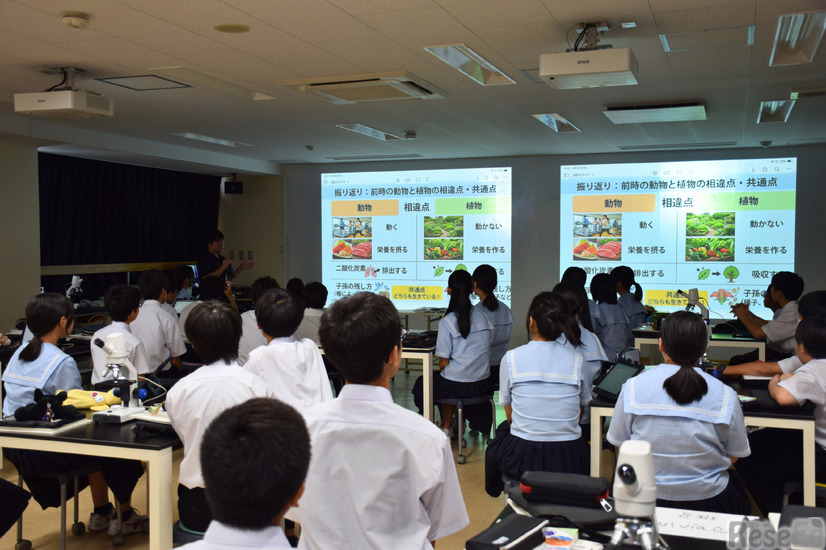 スクリーンで前回授業の振り返りを提示