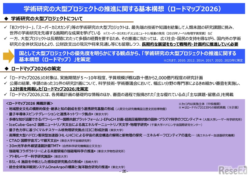 学術研究の大型プロジェクトの推進に関する基本構想（ロードマップ2026）