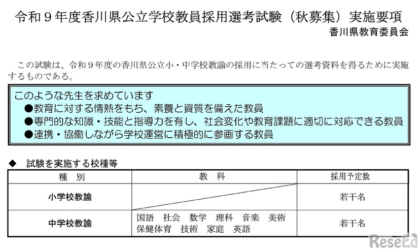 香川県、教員採用選考「秋募集」試験を実施する校種など