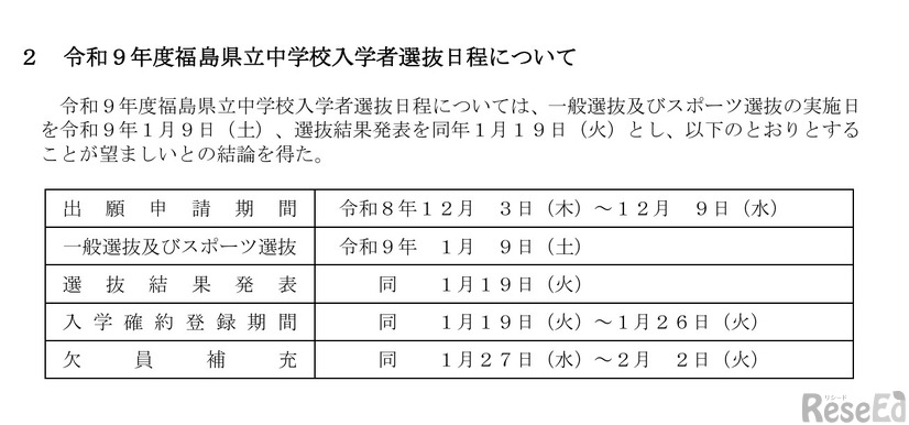 令和9年度福島県立中学校入学者選抜日程