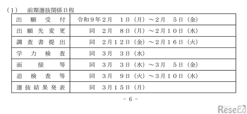 令和9年度福島県立高等学校入学者選抜日程（前期選抜）