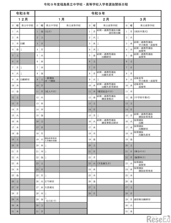 令和9年度福島県立中学校・高等学校入学者選抜関係日程