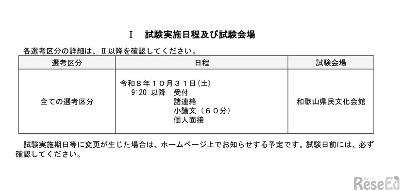 試験実施日程および試験会場