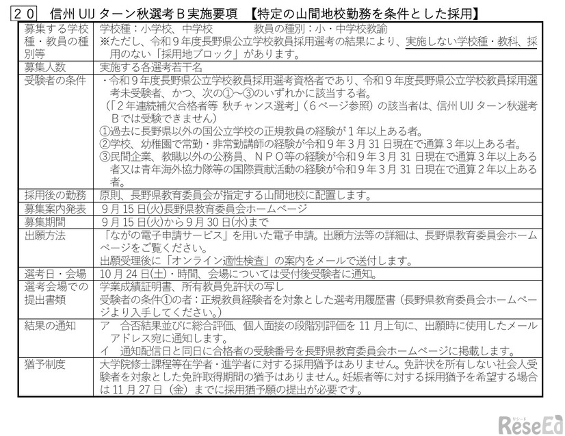 信州UIJターン秋選考B実施要項（特定の山間地校勤務を条件とした採用）