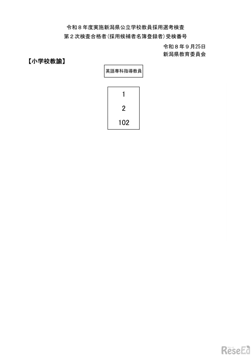 2026年度実施新潟県公立学校教員採用選考検査第2次検査合格者：小学校教諭（英語専科指導教員）