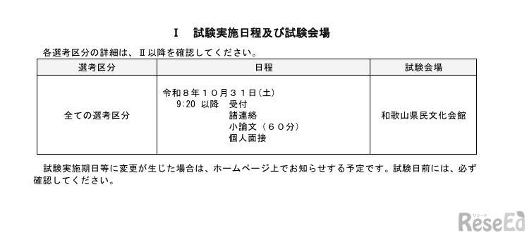 試験実施日程および試験会場