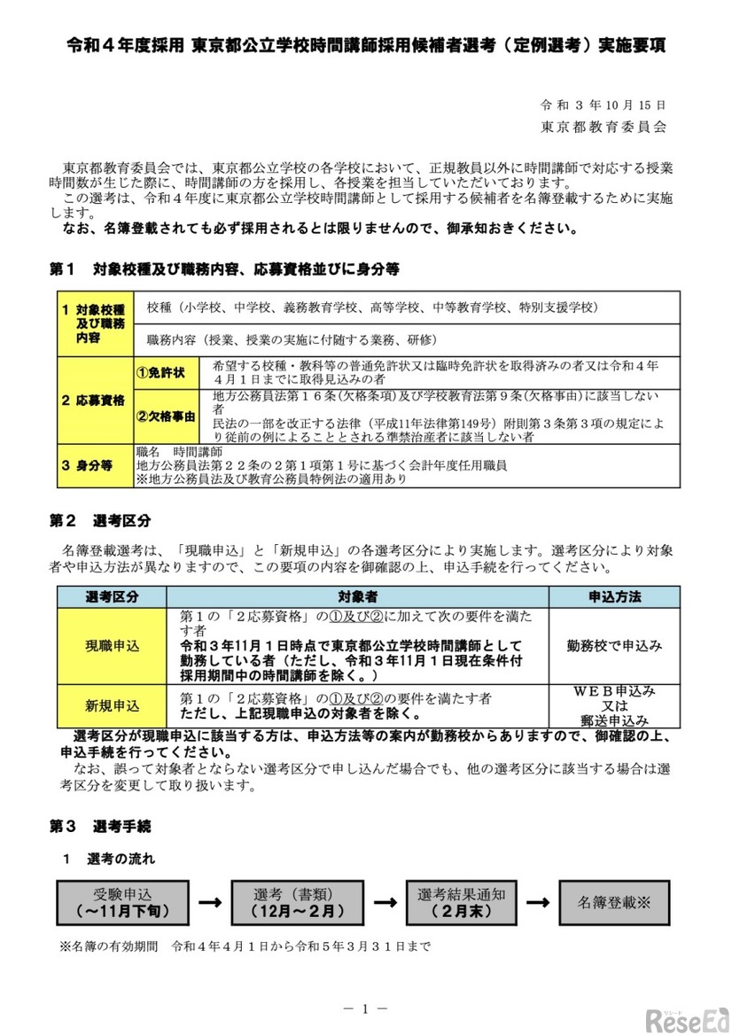 令和4年度採用 東京都公立学校時間講師採用候補者選考（定例選考）実施要項