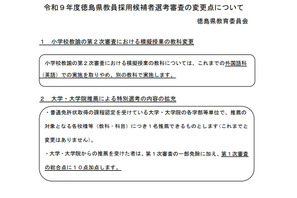 徳島県、教員採用選考の変更点…小学校模擬授業の教科を変更 画像