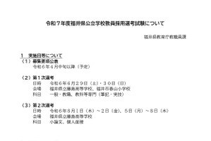 福井県の教員採用、加点資格を拡充…第1選考6/29-30