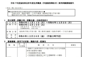 鳥取県、外国語指導助手1名を募集…12/2まで