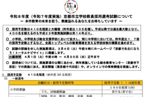 京都市、教員採用試験の募集要項を公開…1次筆記6/14