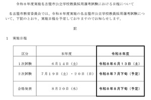 ＜8/22公開＞名古屋市の教採試験、2026年度日程公表…1次6/13